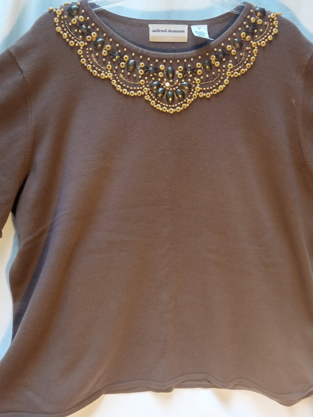 Alfred Dunner Brown Short-Sleeve Top with Gold Beaded Neckline